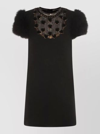 Valentino dress embellished neckline fur sleeves hearts