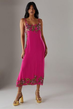 Warehouse Womens Hand Embellished Strappy Bias Sequin Midi Dress - Pink - Size 18 UK