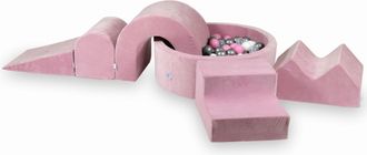 OEM Parque Infantil De Espuma Con Piscina Redonda De 90x30 Cm, Color Rosa Suave Aterciopelado + 5 Elementos + 200 Pelotas: Transparentes, Blancas, Platead