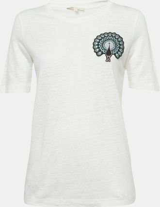 Maje White Cotton Knit Peacock Patch Detail T-Shirt