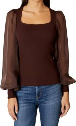 Design History Ribbed Top With Sheer Sleeve In Brown