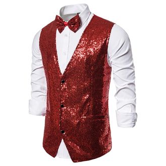 Generic Mens Sequin Vest with Bow-Tie Glitter Sparkly Shiny Slim Fit Waistcoat Wedding Formal Cocktail Party Prom Tuxedo Wine