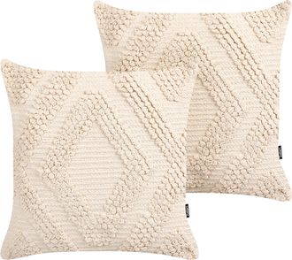 Beliani Conjunto De 2 Cojines De Algod&oacute;n Blanco Crema 45 X 45 Cm Geom&eacute;trico Catalpa