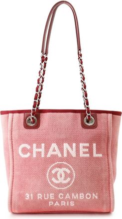 Chanel Pink Red Canvas Leather Handbag Tote Bag (Pre-Owned)