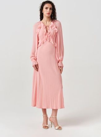 Ghost London Naomi Long Sleeve Frill Midi Dress in Pink at Nordstrom, Size 12