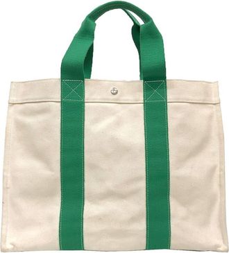 Herm&egrave;s Beige Green Canvas Tote Bag (Pre-Owned)