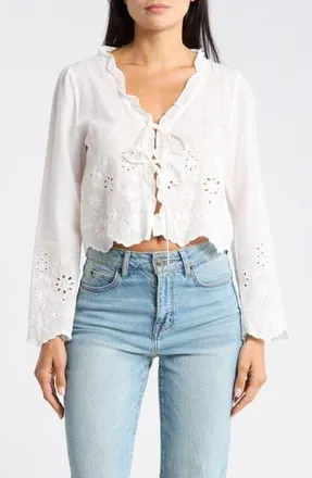 Vigoss Long Sleeve Eyelet Trim Top in White at Nordstrom Rack, Size X-Large