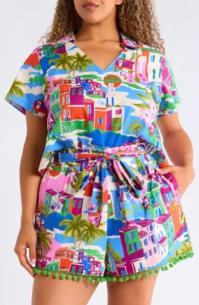 Sugarlips Rumi Collar Shirt in Cream-Blue-Multi at Nordstrom, Size 2X