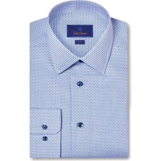 David Donahue Trim Fit Micro Dobby Dress Shirt in Blue at Nordstrom, Size 14.5 - 32