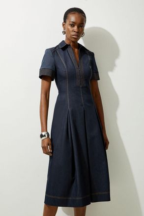 Karen Millen Womens Petite Tailored Denim Full Skirted Midi Shirt Dress - Indigo Blue Cotton - Size 12 UK