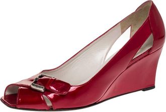 Stuart Weitzman Red Patent Leather Buckle Detail Open Toe Wedge Pumps