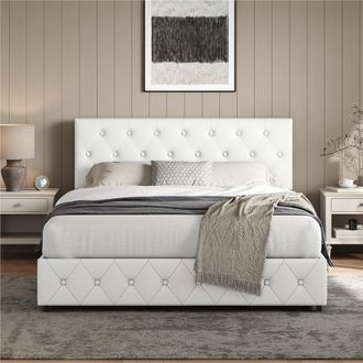 Yaheetech Homevive Estructura De Cama Tapizada Con Cajones De Almacenamiento, Cabecero Regulable, Cama Con Patas De Madera Maciza Y Metal, 160 &times; 200 Cm, Blanco