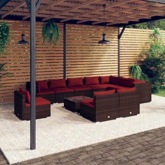 vidaXL Set Muebles De Jard&iacute;n 11 Pzas Y Cojines Rat&aacute;n Sint&eacute;tico Marr&oacute;n Vidaxl