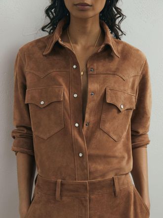 Ismad London Suede Western Press-stud Shirt, Tan, 14