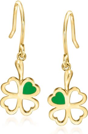 Ross-Simons Italian 14kt Yellow Gold Shamrock Drop Earrings With Green Enamel