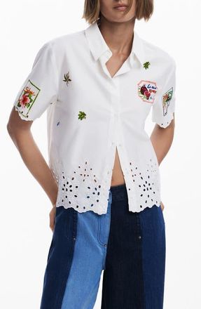 Desigual Embroidered Eyelet Short Sleeve Cotton Button-Up Shirt in White at Nordstrom, Size X-Large