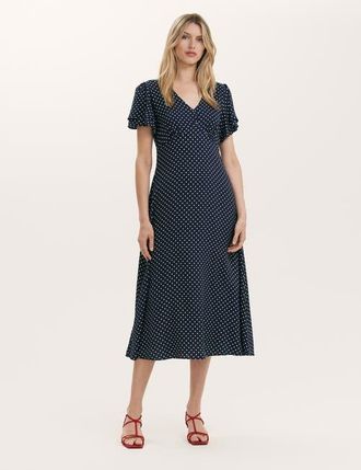 Finery Saskia Polka Dot Midi Tea Dress in Navy Spot at Nordstrom, Size 10