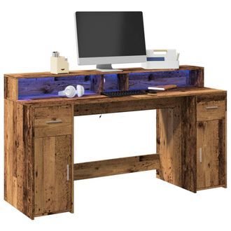 Berkfield Home Desk with LED Lights Old Wood 160x55x91 cm Engineered Wood in Brown | Size: 160 x 55 x 91 cm