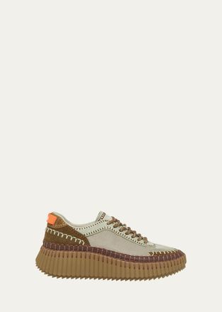 Chlo&eacute; Nama Mixed Leather and Mesh Stitch Platform Sneakers