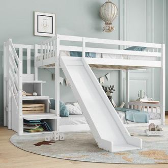 Matteo Bunk Bed With Stairs & Slide, Solid Pine Wood Frame, Children Bed With 2 Drawers In The Steps in White | Size: Double
