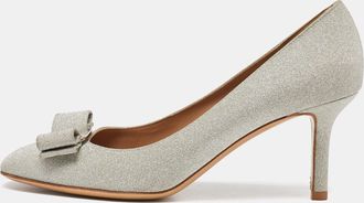 Ferragamo Silver Glitter Vara Bow Round Toe Pumps
