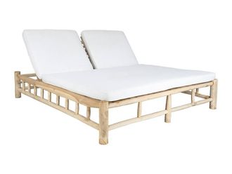 Vente-Unique 2-Seater Teak Sun Lounger With Mattress - Light Natural & White in Light Oak