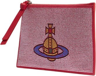 Vivienne Westwood Womens Beaded Orb Logo Clutch Pink Calfskin