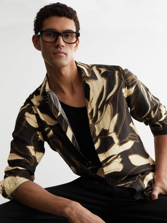 Reiss Black Floral-print Long-sleeve Shirt Regular-fit, 2XL