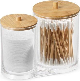 No Brand Caja Contenedora De Discos Y Bastoncillos De Algod&oacute;n De Poliestireno Transparente, Estuche De Almacenamiento De Doble Compartimento Con Tapa De Bamb&uacute;,