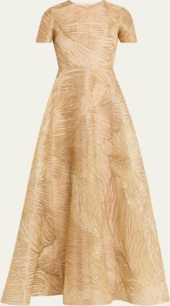 Naeem Khan Metallic Raffia Embroidered Short-Sleeve Gown