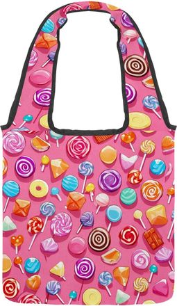 Generic Pink Candy Pattern Reversible Canvas Shoulder Tote - Double-Sided Print, 12oz Cotton, 27cm Drop, Fold-Flat Bag for Travel, Shopping, Street Outings