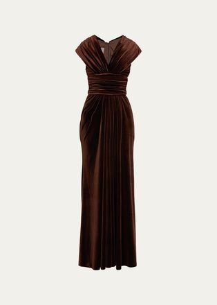 Monique Lhuillier V-Neck Gathered Stretch Velour Column Gown