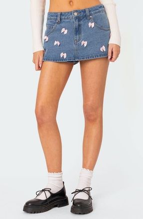 Edikted Alivia Satin Bow Denim Miniskort in Blue at Nordstrom, Size X-Small