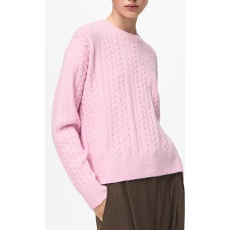 Mango Cable Stitch Crewneck Sweater in Pink at Nordstrom, Size X-Small