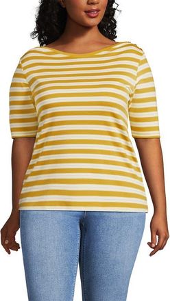 Lands End Supima Cotton Elbow Sleeve Boatneck Button Shoulder Tee in Goldenrod Multi Stripe at Nordstrom, Size X-Large