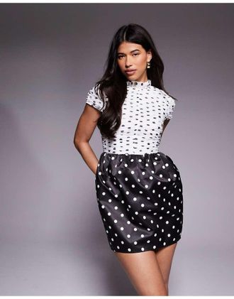 Asos Vestito corto a pois con gonna in raso a contrasto-Multicolore