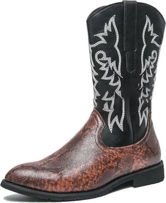 Generic Mens Round Toe Western Cowboy Boots PU Leather Mid-Calf Boots with Side Zipper Flat Heel Vintage Boot with Embroidery Stitched,Brown,6.5 UK