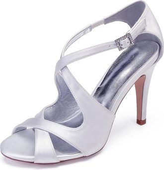 Generic High Heel Sandals Women Bridal Peep Toe Ankle Straps Stiletto Satin Evening Party Prom Wedding Bridal Shoes 10.5Cm,White,5 UK