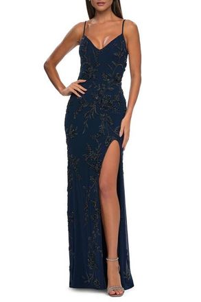 La Femme Beautiful Beaded Evening Gown with V Neckline and Open Back in Navy at Nordstrom, Size 10