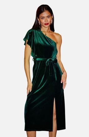 Yumi Velvet Frill One Shoulder Midi Dress in Green at Nordstrom, Size 12