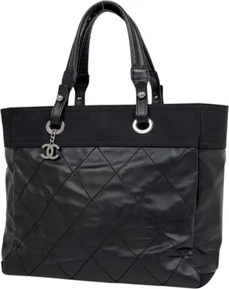 Chanel Black Coated Canvas Leather Tote Bag (Pre-Owned)