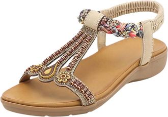 Generic Womens Flat Sandals Summer Shoes for Women UK Womens Summer Sandals Casual Comfortable Flip Flops Sparkly Rhinestone Shoes Ankle T-Strap Elastic Back 