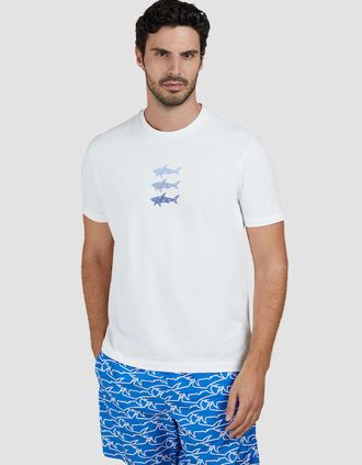 Paul & Shark Mens Paul & Shark Mens Cotton Jersey T-Shirt with Sharks Print - White - Size: 40