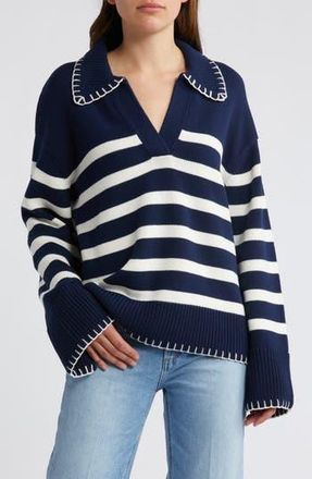 Rails Athena Stripe Cotton Johnny Collar Polo Sweater in Navy Ivory Stripe at Nordstrom Rack, Size X-Large