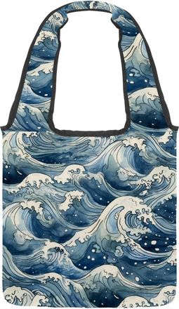 Generic Waves Sea Pattern Reversible Canvas Shoulder Tote - Double-Sided Print, 12oz Cotton, 27cm Drop, Fold-Flat Bag for Travel, Shopping, Street Outings