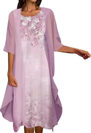 Generic Womens Chiffon Maxi Dress Floral Print Flowy Irregular Hem Sleeveless Dress with Long Jacket 2 Piece Set Wedding Guest