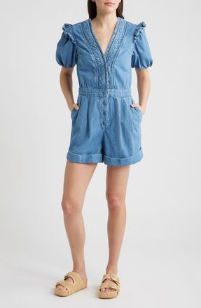 Farm Rio Ruffled Denim Romper at Nordstrom, Size Xx-Small