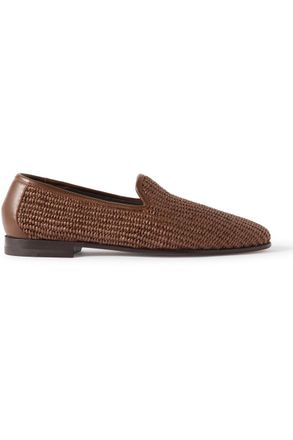 Manolo Blahnik Mario Leather-Trimmed Raffia Loafers