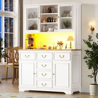Merax White Kitchen Dresser with LED Lighting & Power Outlets