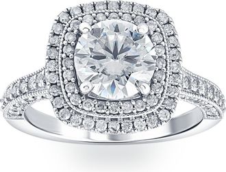 Pompeii3 3Ct Diamond & Moissanite Cushion Halo Engagement Ring in White or Yellow Gold